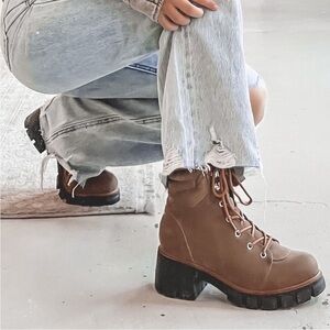 New! MIA Catalin Faux Leather Combat Lug Sole Block Heel Hiker Lace Up Boots